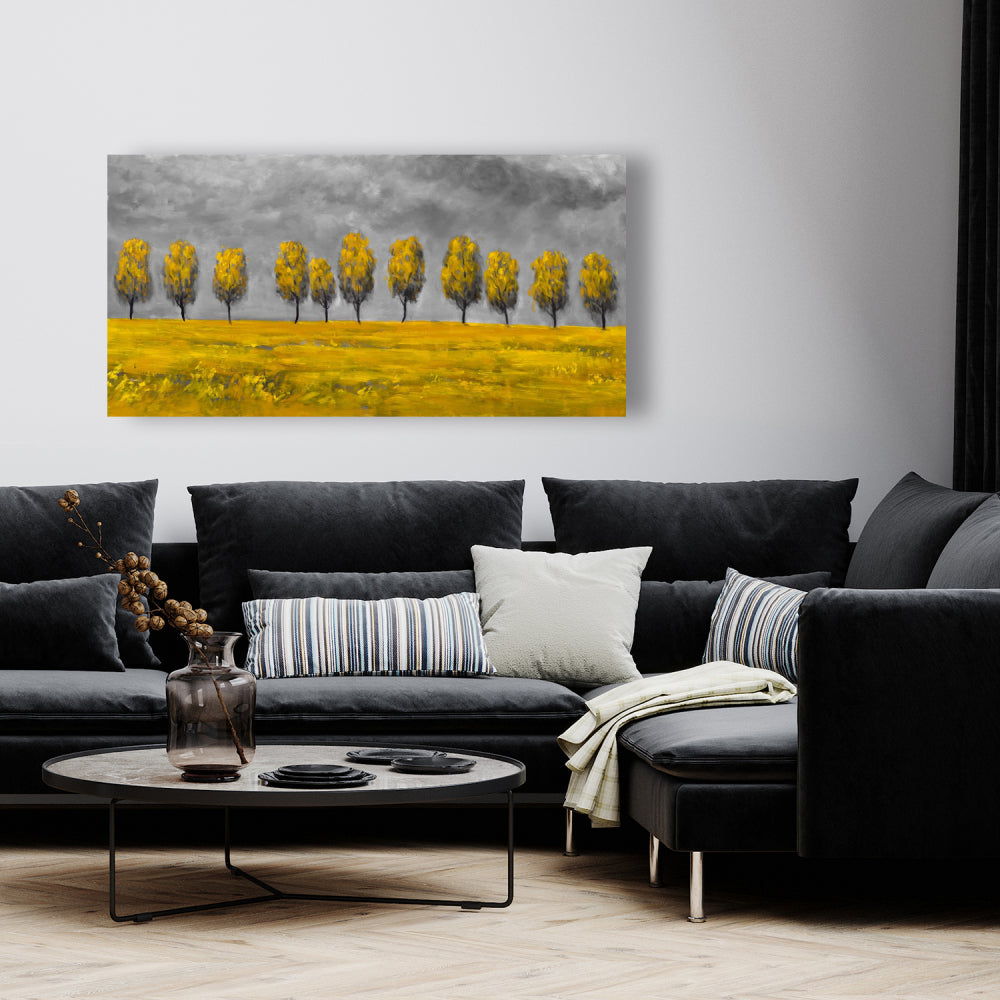 Toile représentant des arbres jaunes dans un champ – Décoration murale moderne pour chambre à coucher
