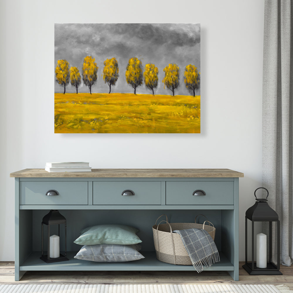 Toile représentant des arbres jaunes dans un champ – Décoration murale moderne pour chambre à coucher