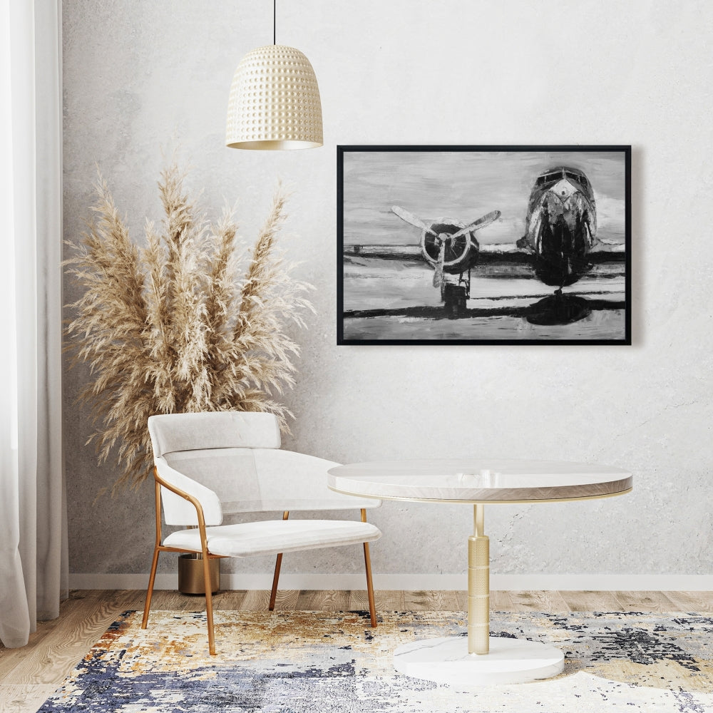 Toile « Avion en niveaux de gris » | Décoration de salon industriel