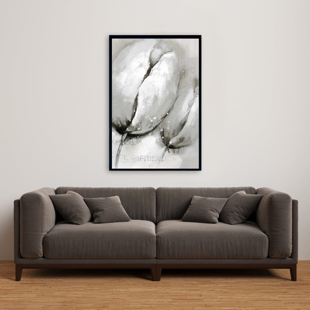 Botanical Gray Framed Canvas | Contemporary Tulips Decor
