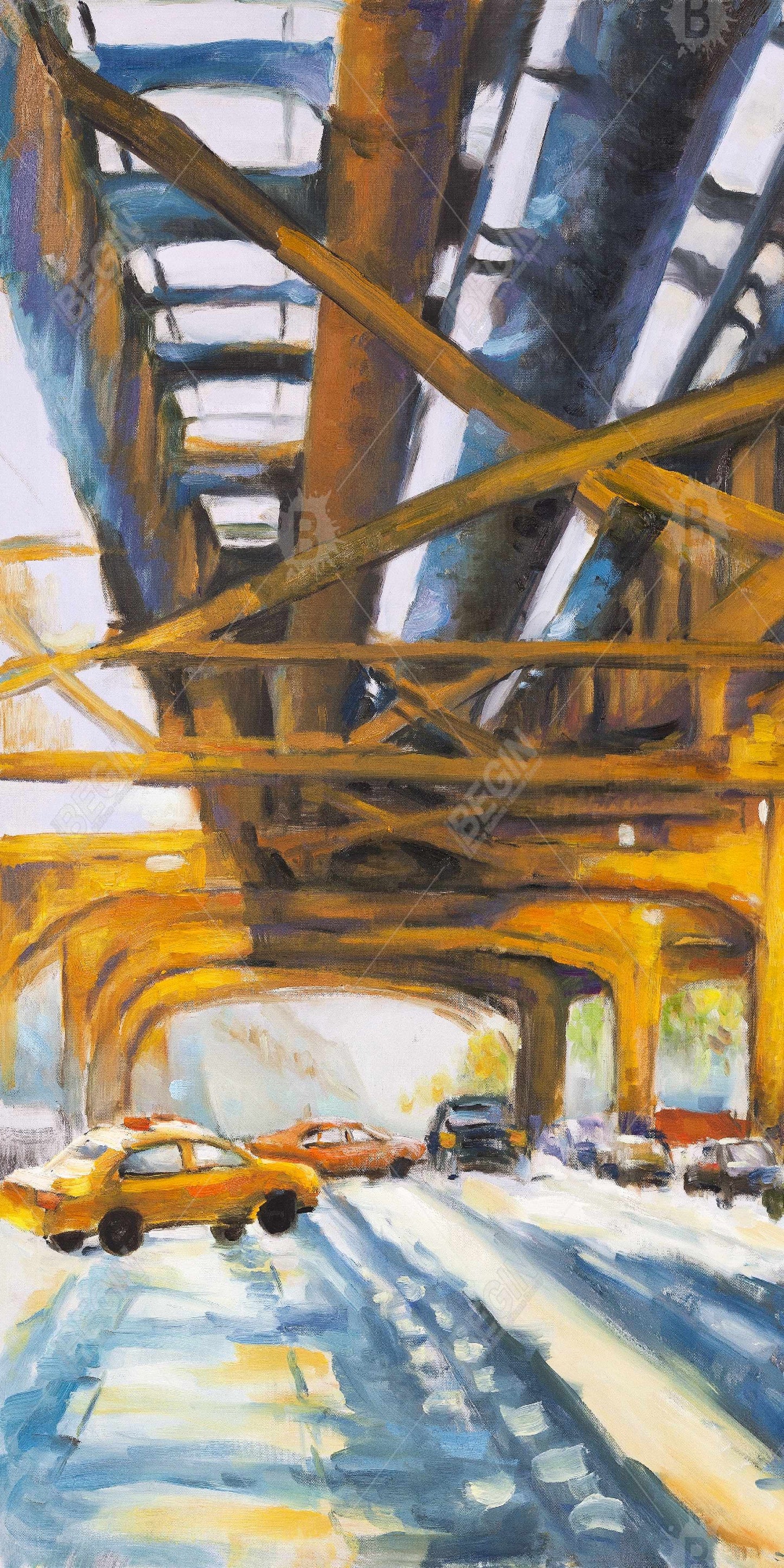 Toile « Trafic sous le pont » – Décoration contemporaine bleue