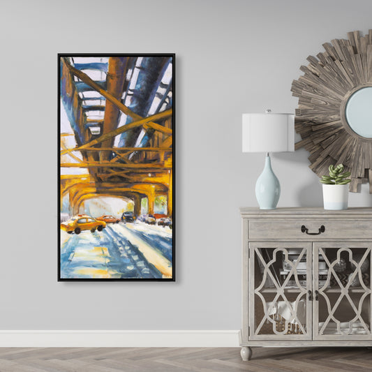 Toile « Trafic sous le pont » – Décoration contemporaine bleue