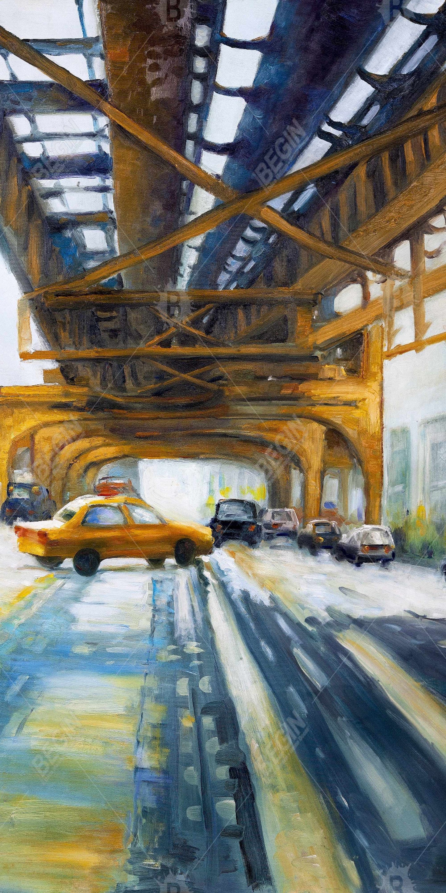 Voitures sous le pont | Toile bleue contemporaine pour chambre à coucher