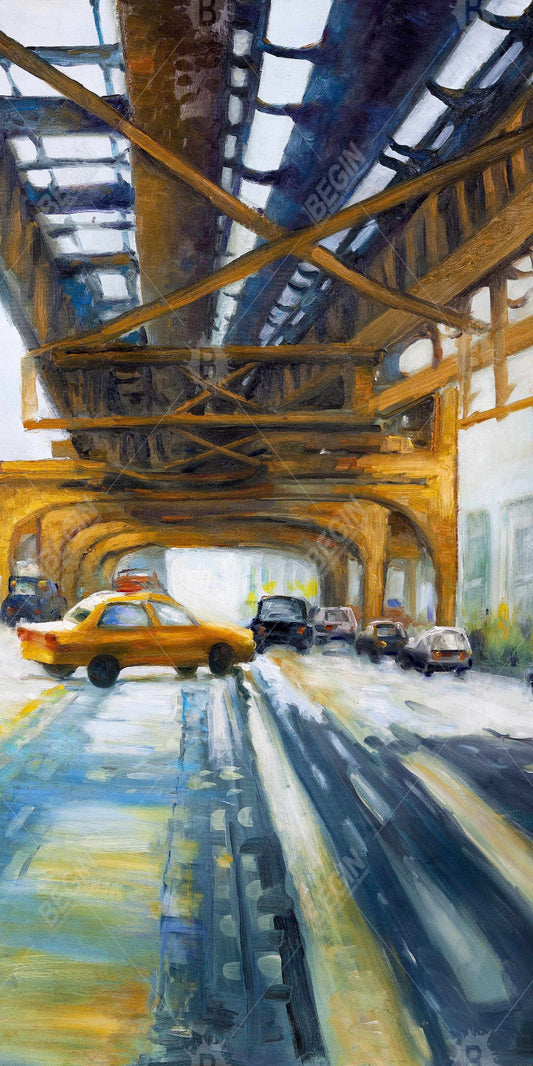 Voitures sous le pont | Toile bleue contemporaine pour chambre à coucher