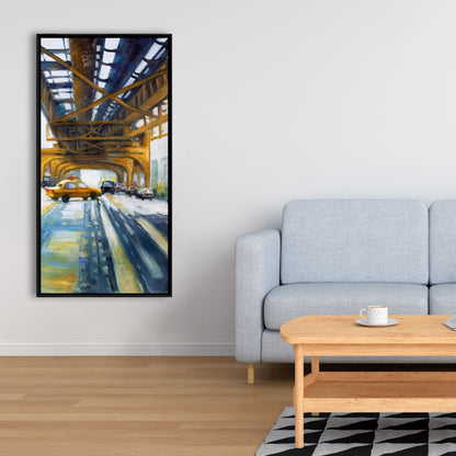 Voitures sous le pont | Toile bleue contemporaine pour chambre à coucher