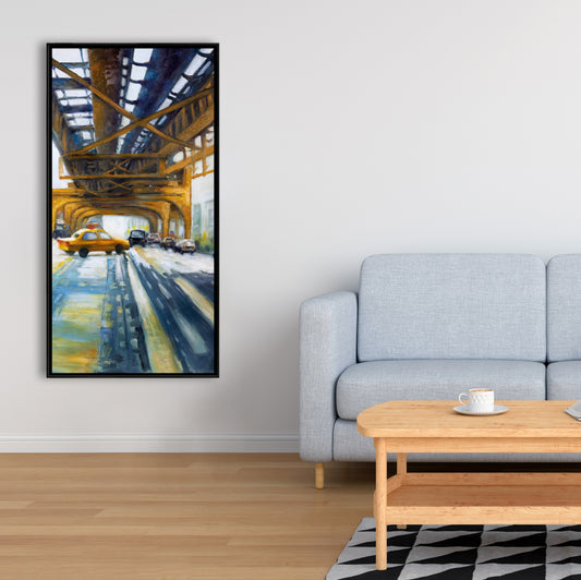 Voitures sous le pont | Toile bleue contemporaine pour chambre à coucher