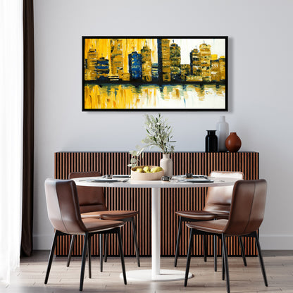 Toile abstraite jaune avec gratte-ciels - Cadre bleu | Décoration moderne