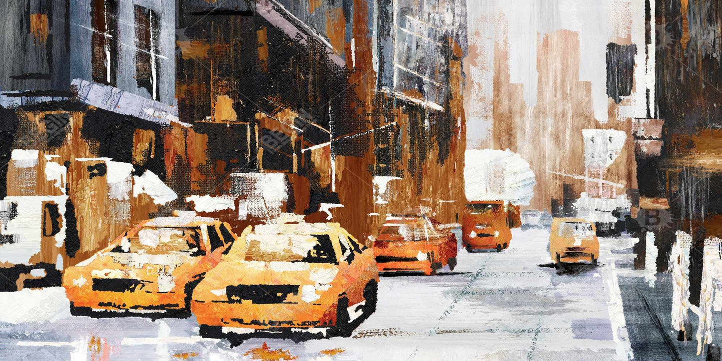 Toile « Construire des villes brunes » | Rue d'une grande ville avec taxi jaune