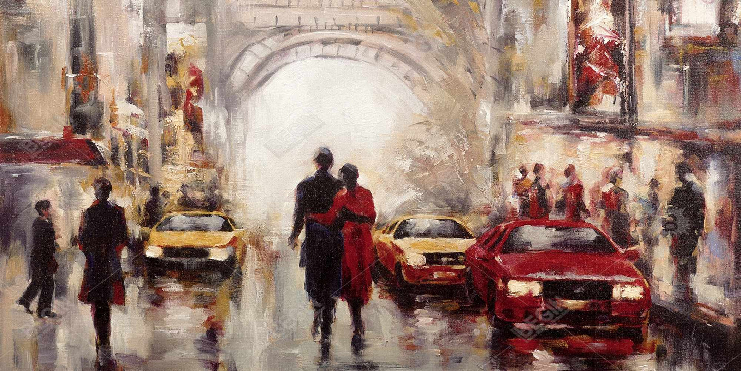 Toile « Rue animée de Paris » | Décoration d'intérieur avec cadre rouge