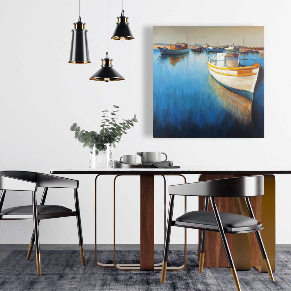 Toile « Bateaux de pêche à la marina » – Décoration d'intérieur encadrée bleue