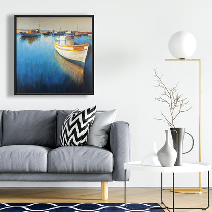 Fishing Boats at the Marina Canvas - Blue Framed Home Decor