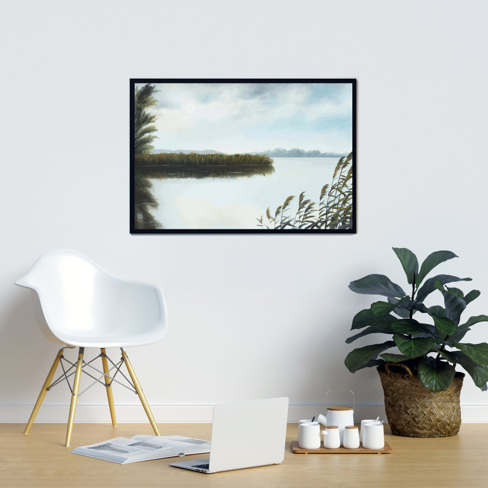 Quiet Lake Coastal Contemporary Blue Framed Canvas - Home Decor