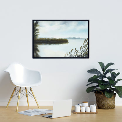 Quiet Lake Coastal Contemporary Blue Framed Canvas - Home Decor