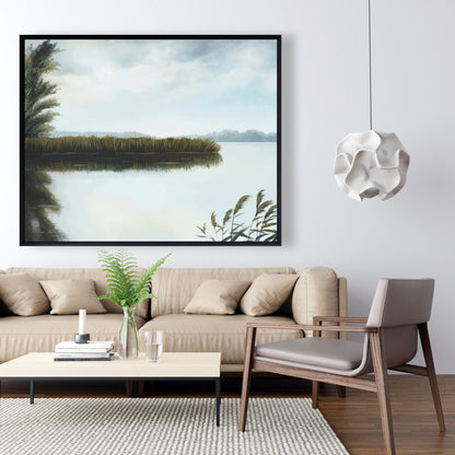 Quiet Lake Coastal Contemporary Blue Framed Canvas - Home Decor