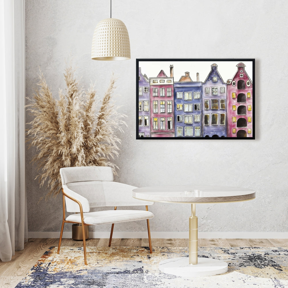 Toile « Maisons historiques d'Amsterdam » | Décoration murale encadrée violette