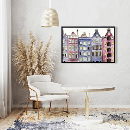 Toile « Maisons historiques d'Amsterdam » | Décoration murale encadrée violette