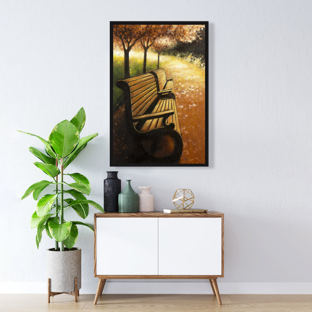 Toile marron pour chambre à coucher : Banc de parc lors d'une journée d'automne, décoration d'intérieur