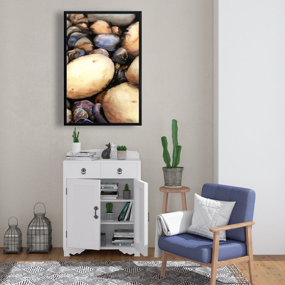 Toile de salle de bain avec galets de plage - Décoration murale encadrée aux formes bleues