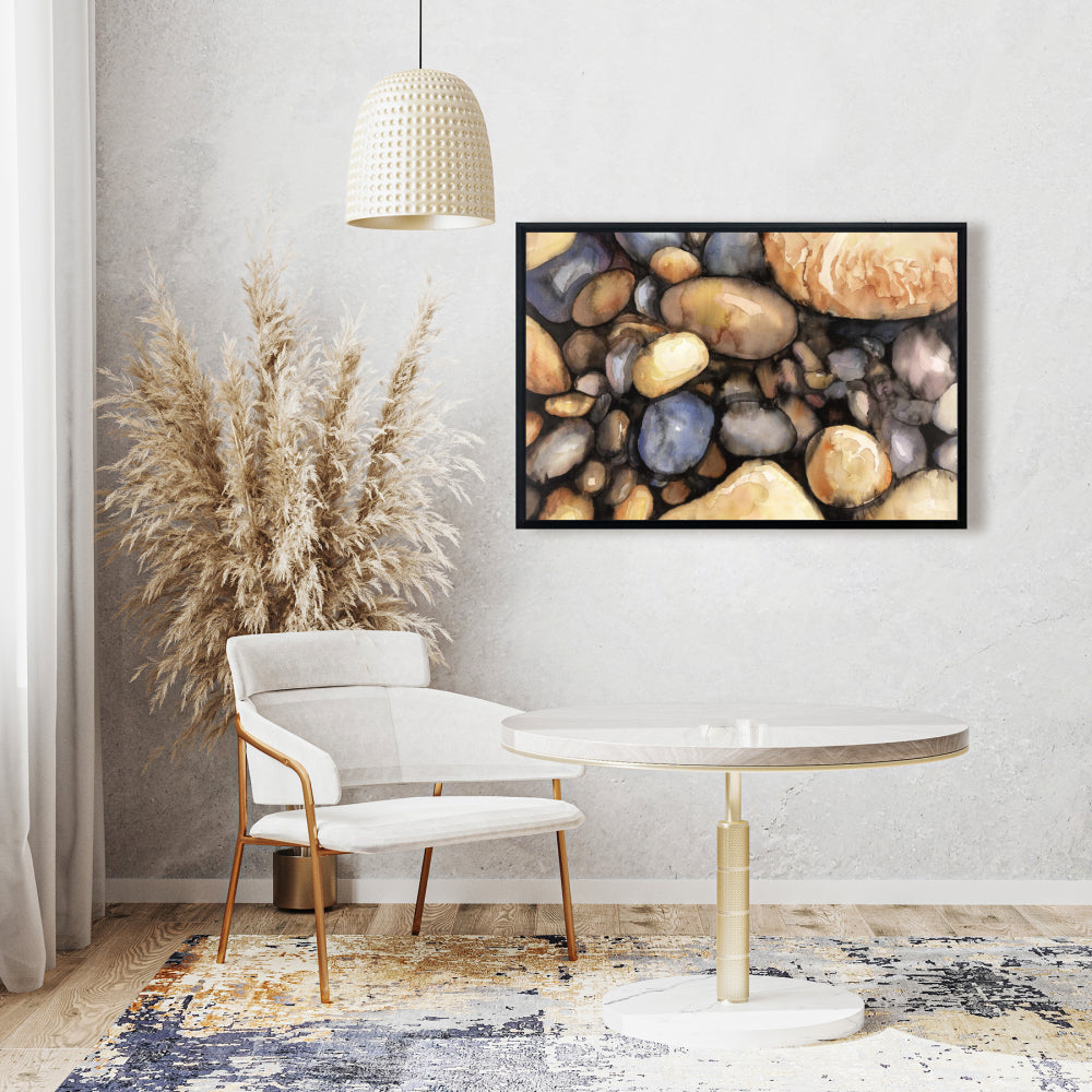 Marine Bathroom Decor | Blue Framed Canvas Small Pebbles