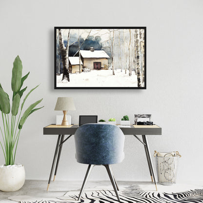 Rustic Bedroom Canvas - Small Winter Barn Trees Framed Decor