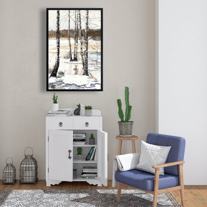 Toile rustique bleue « Marais d'hiver » | Décoration murale encadrée avec arbres