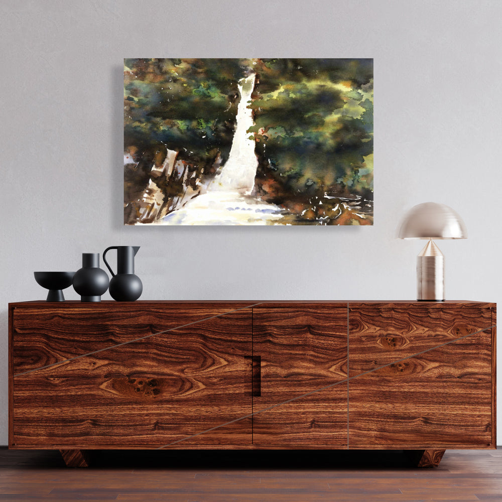 Watercolor Waterfalls Canvas - Illustrative Trees Home Decor
