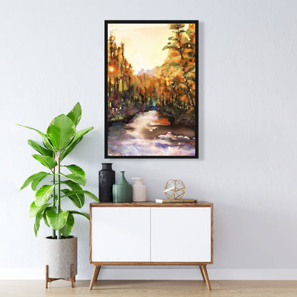 Toile encadrée Merced River | Décoration de chambre à coucher avec arbres jaunes