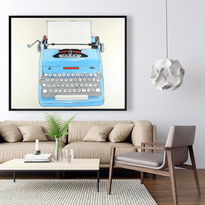 Toile vintage bleue représentant une machine à écrire | Décoration murale encadrée pour chambre