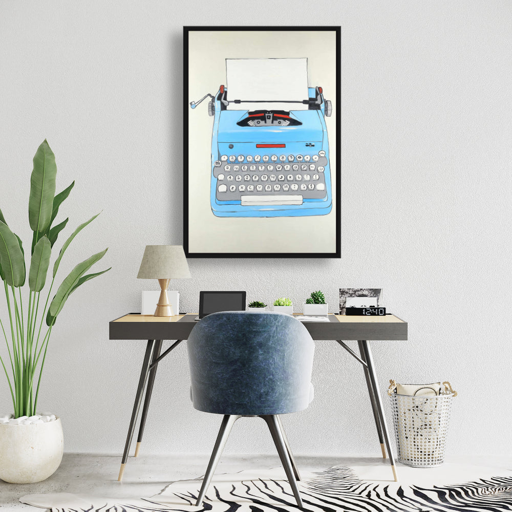 Toile vintage bleue représentant une machine à écrire | Décoration murale encadrée pour chambre