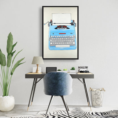 Toile vintage bleue représentant une machine à écrire | Décoration murale encadrée pour chambre