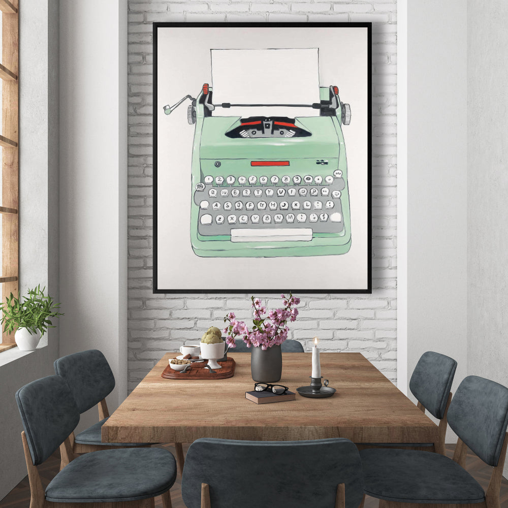 Mint Typewriter Framed Canvas | Retro Neo Home Decor Art