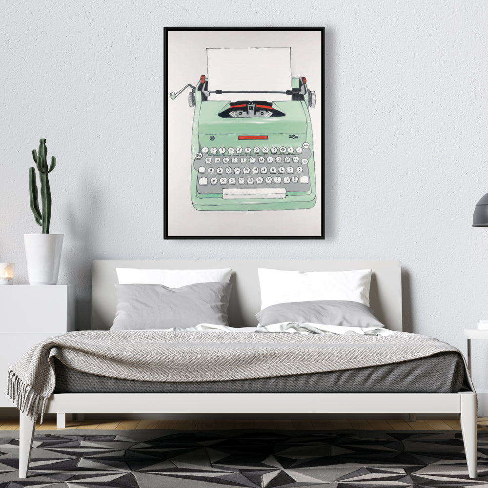 Mint Typewriter Framed Canvas | Retro Neo Home Decor Art