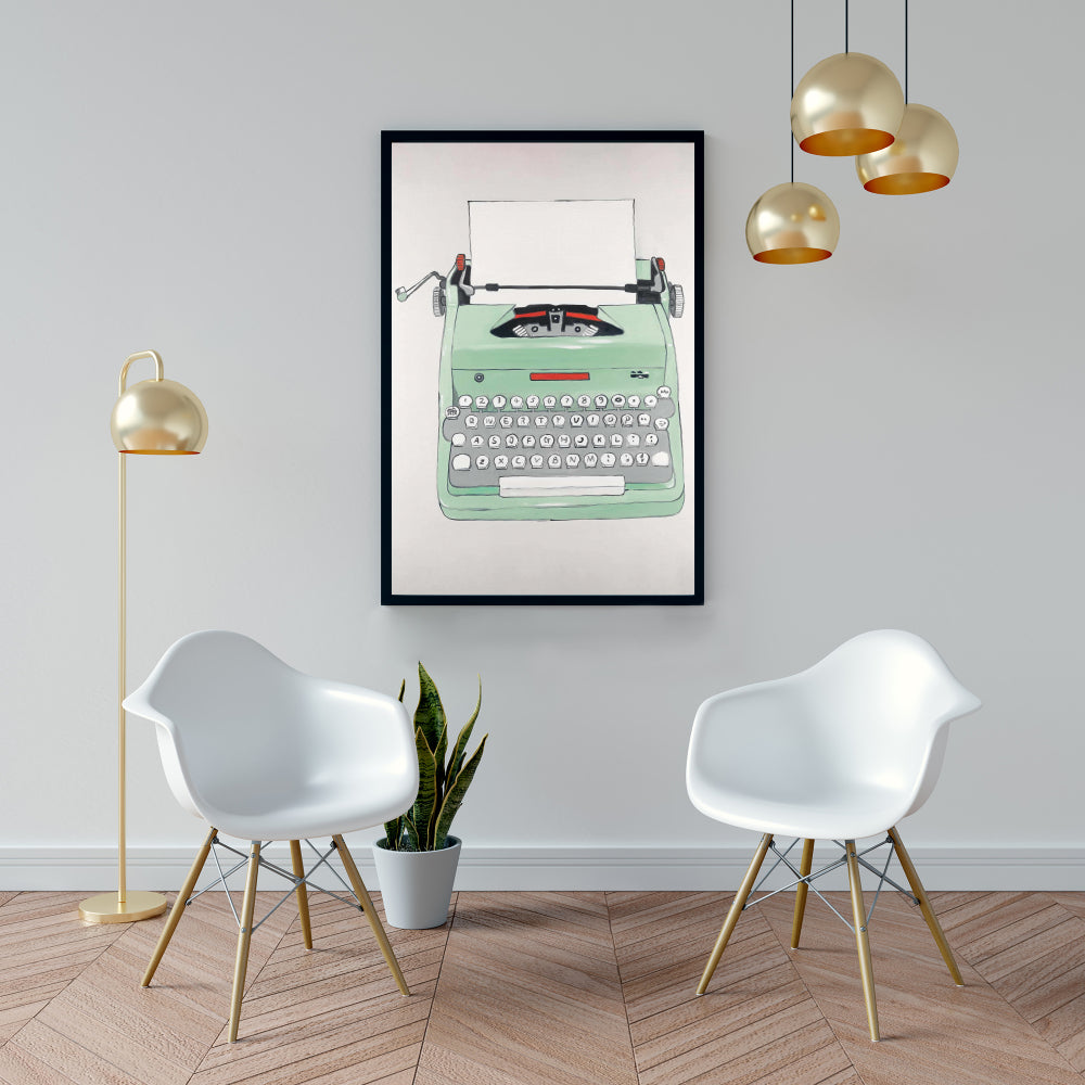 Mint Typewriter Framed Canvas | Retro Neo Home Decor Art