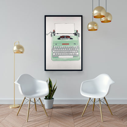 Mint Typewriter Framed Canvas | Retro Neo Home Decor Art