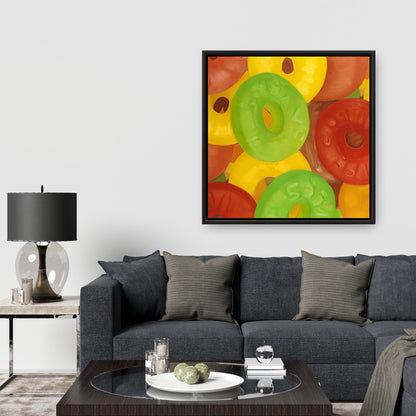 Toile de jujubes colorés - Décoration de cuisine jaune encadrée