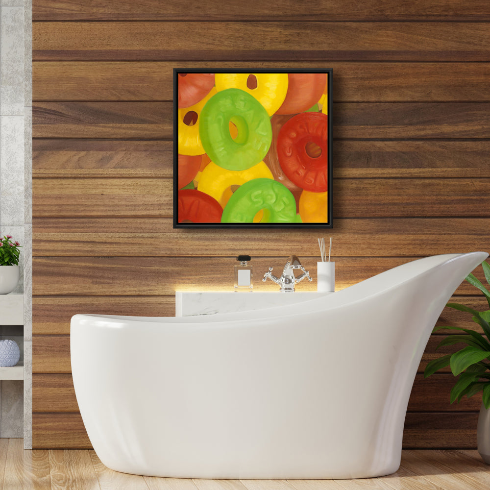 Toile de jujubes colorés - Décoration de cuisine jaune encadrée