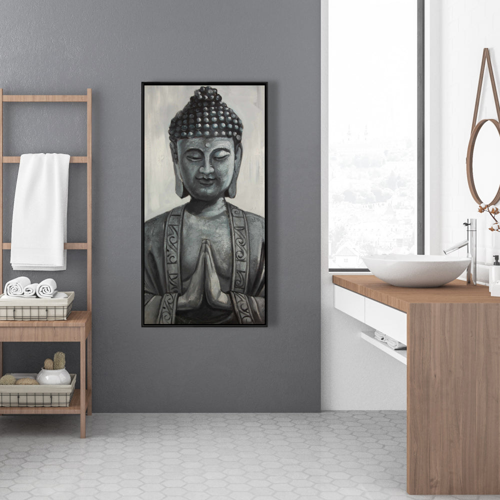 Gray Asian Framed Buddha Canvas | Elegant Bedroom Wall Art
