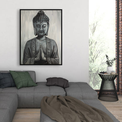 Gray Asian Framed Buddha Canvas | Elegant Bedroom Wall Art