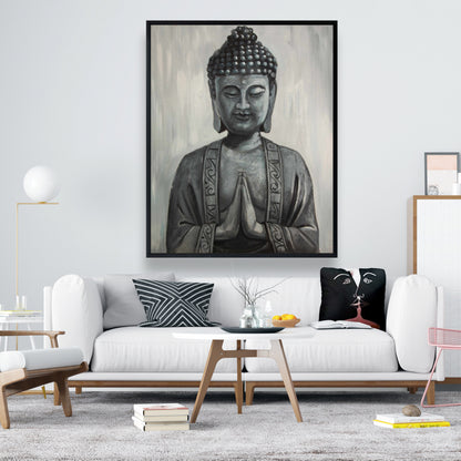 Gray Asian Framed Buddha Canvas | Elegant Bedroom Wall Art