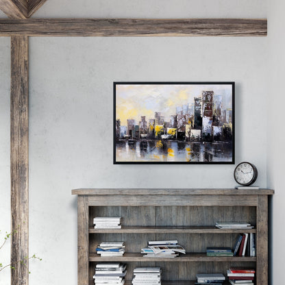 Toile de chambre à coucher avec un bâtiment jaune | Ville abstraite au matin