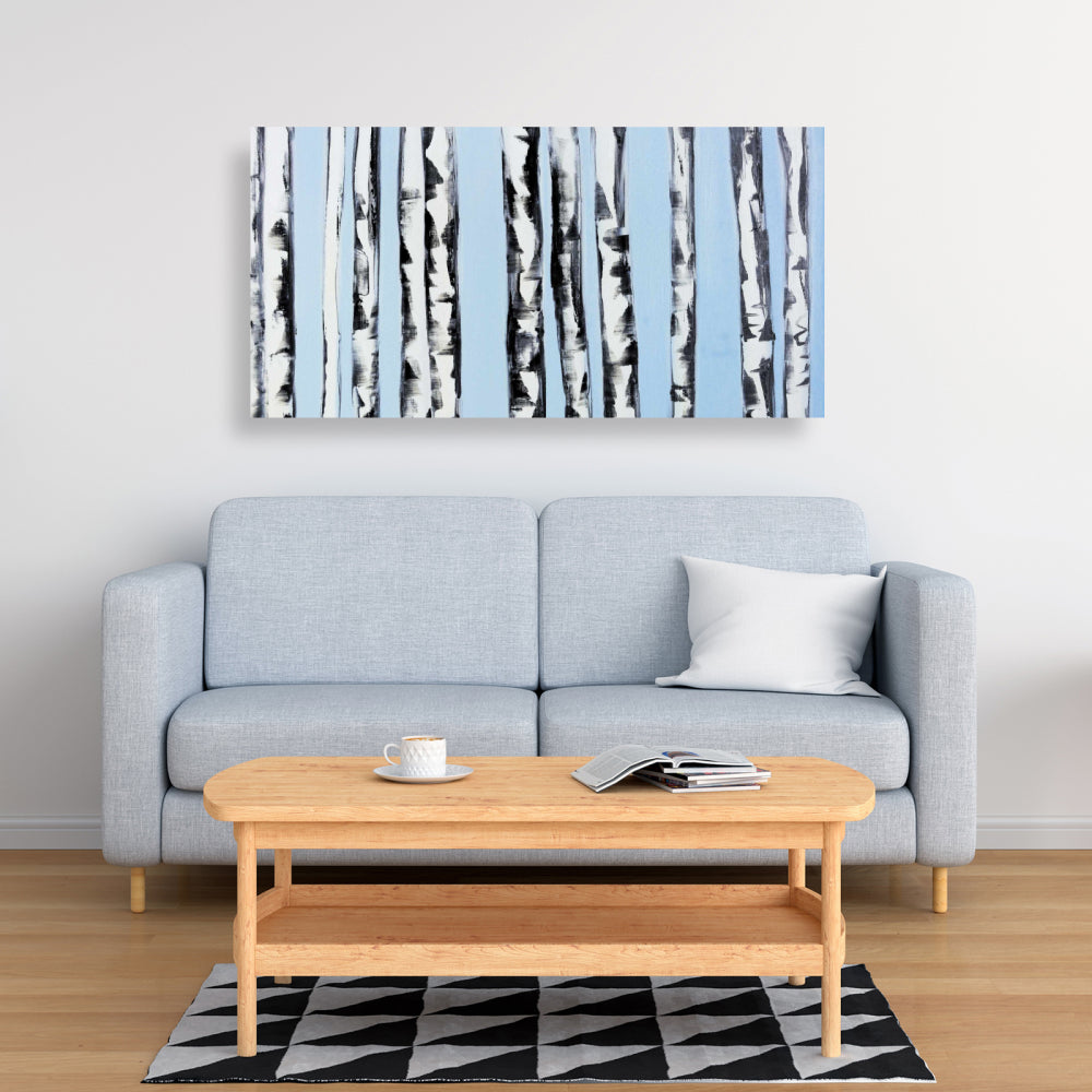 Bouleaux sur fond bleu | Toile encadrée | Décoration d'intérieur