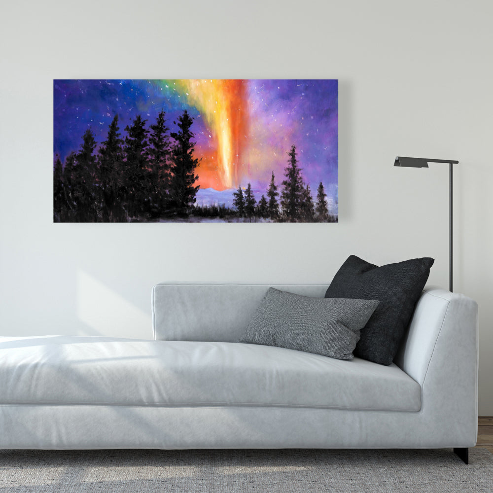 Toile Forêt d'Aurores Boréales | Paysages d'Arbres Jaunes