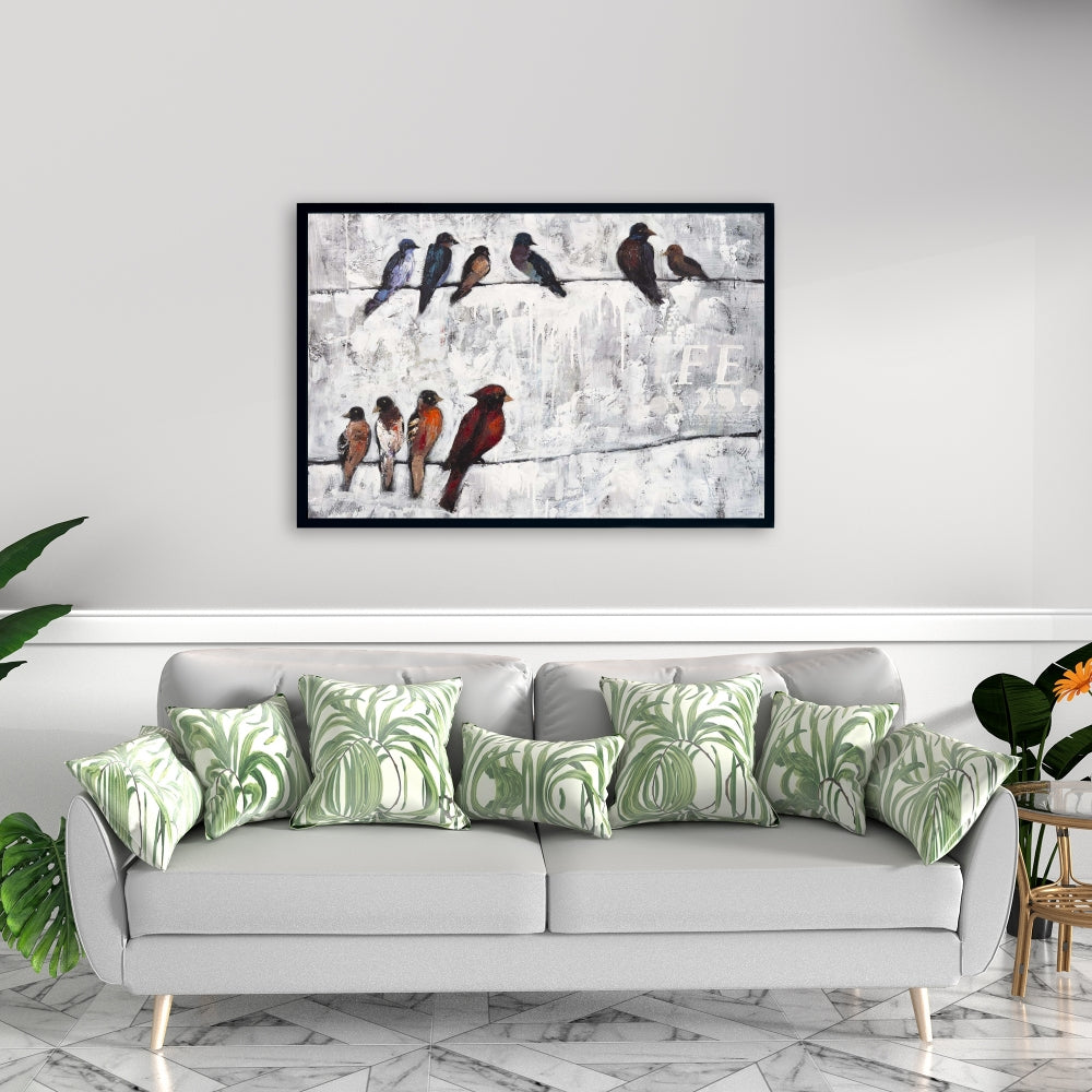 Toile contemporaine bleue - Décor d'oiseaux colorés sur des branches