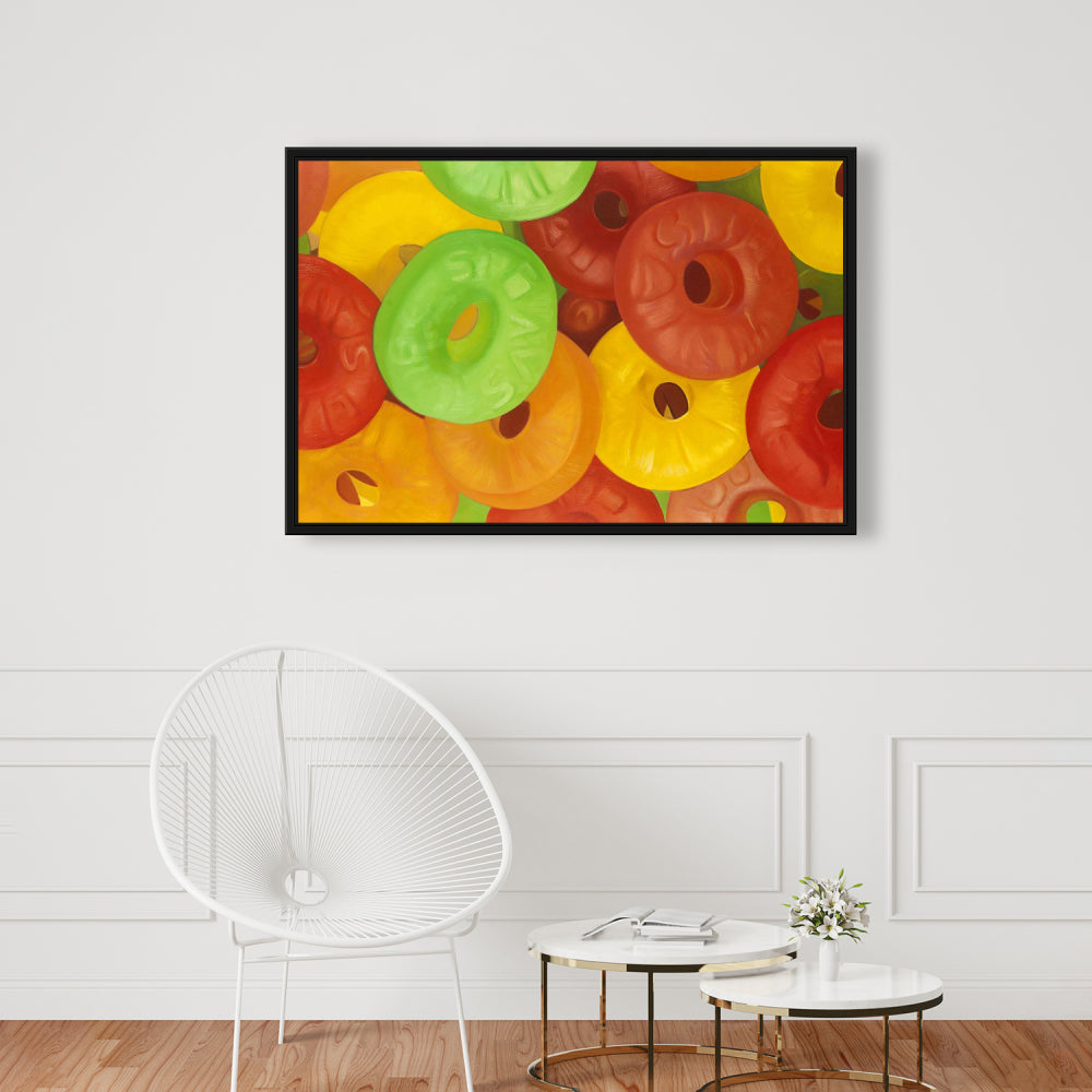 Toile de jujubes colorés - Décoration de cuisine jaune encadrée