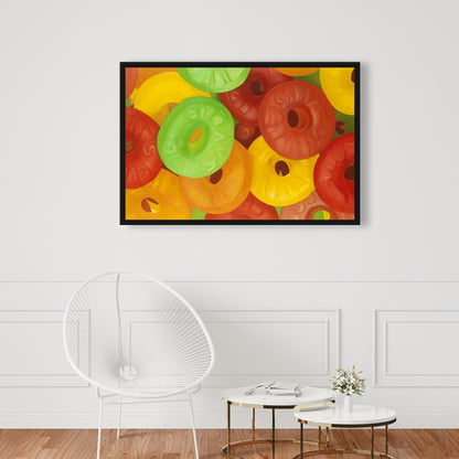 Toile de jujubes colorés - Décoration de cuisine jaune encadrée