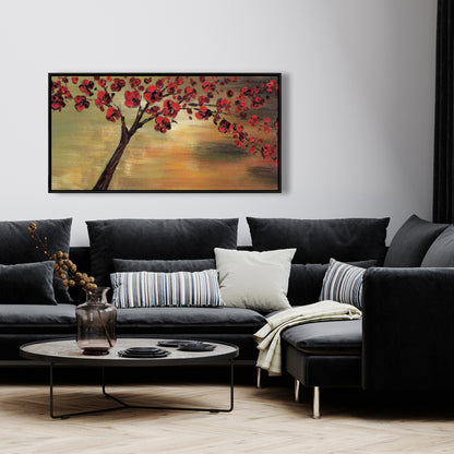 Red Flowers Tree Canvas | Brown Framed Bedroom Wall Decor