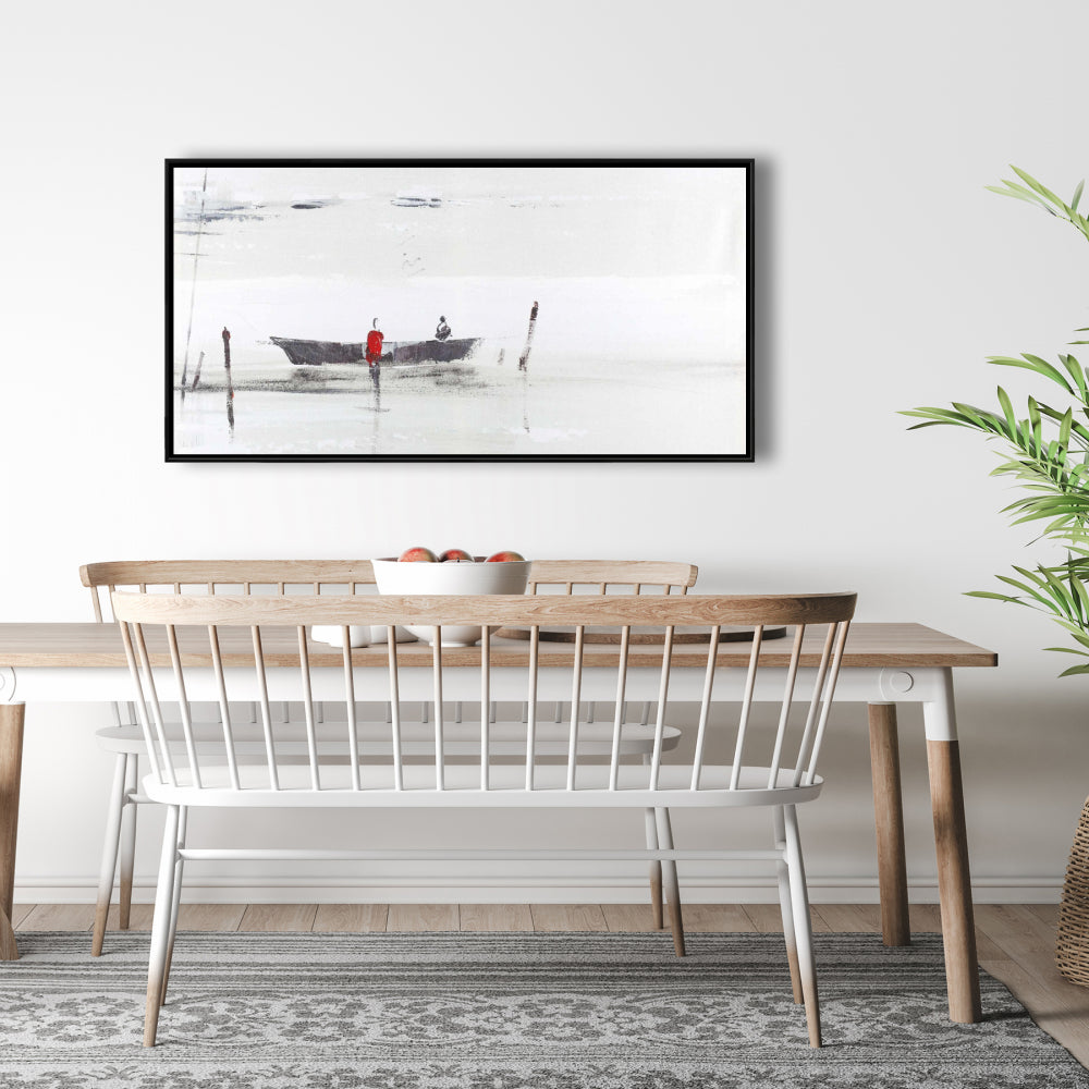 Toile de chambre à coucher représentant un bateau côtier | Décoration minimaliste sur un lac