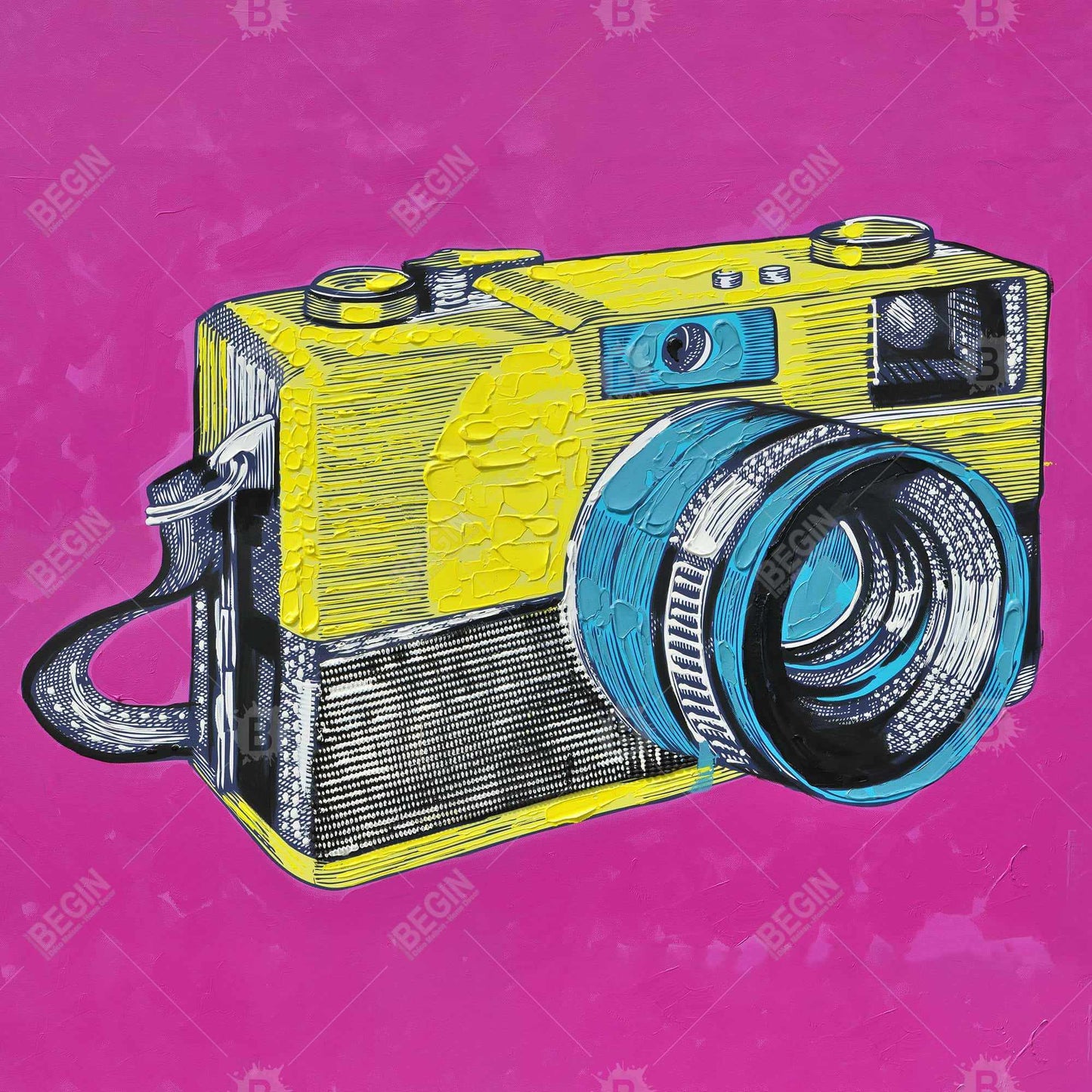 Toile encadrée colorée représentant un appareil photo rétro - Décoration de chambre jaune