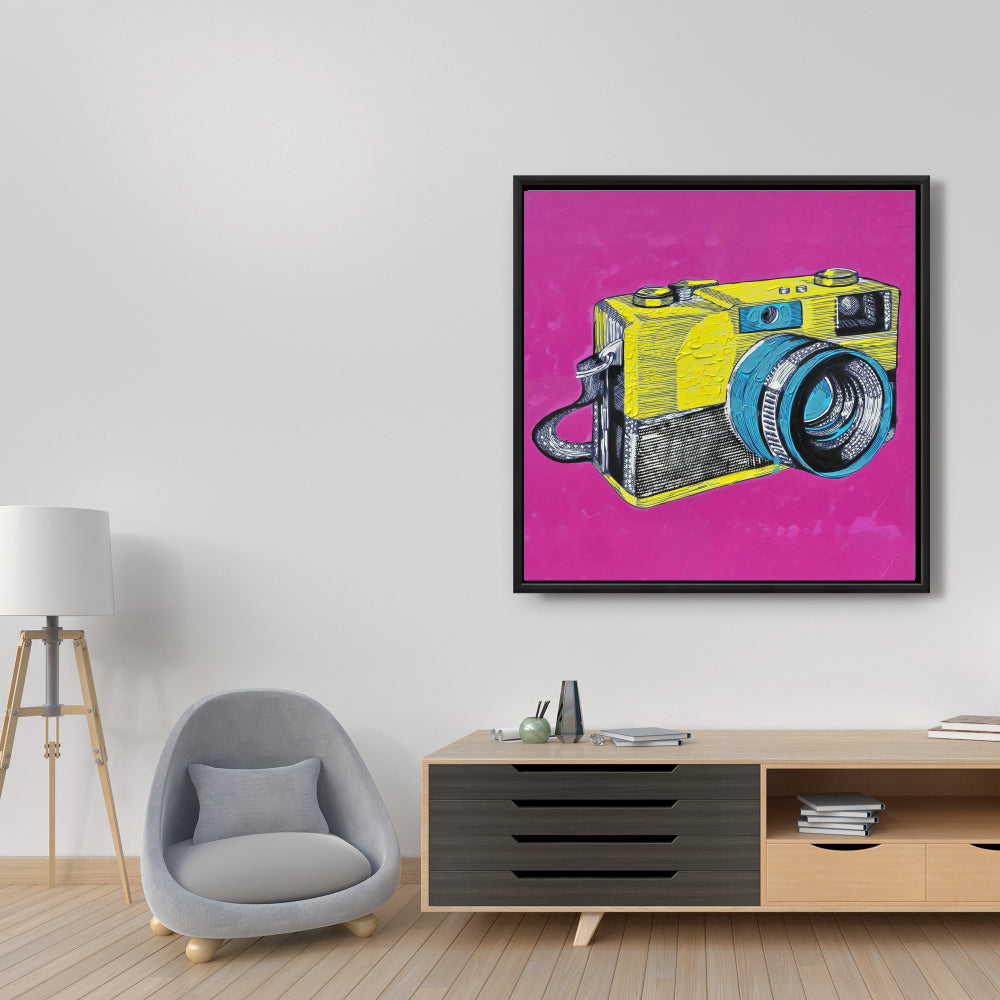 Toile encadrée colorée représentant un appareil photo rétro - Décoration de chambre jaune