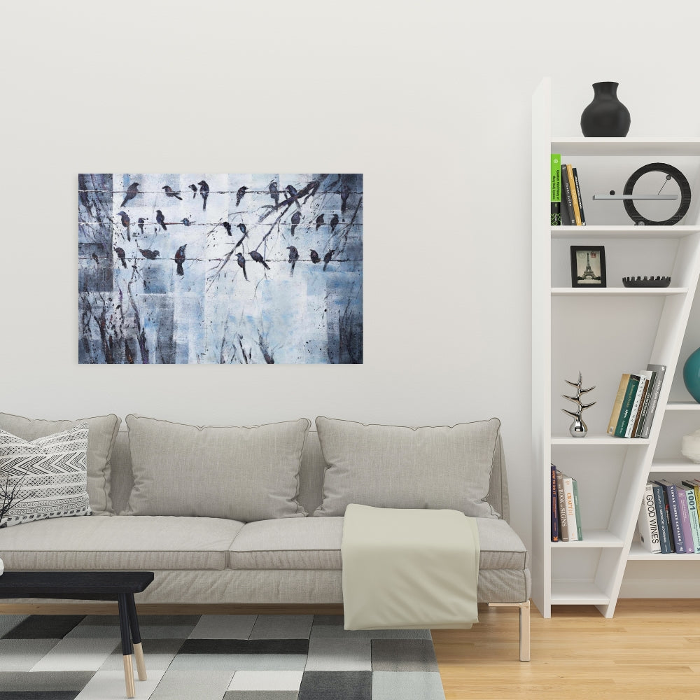 Abstract Birds on Wire Canvas | Blue Bird Animals Home Decor